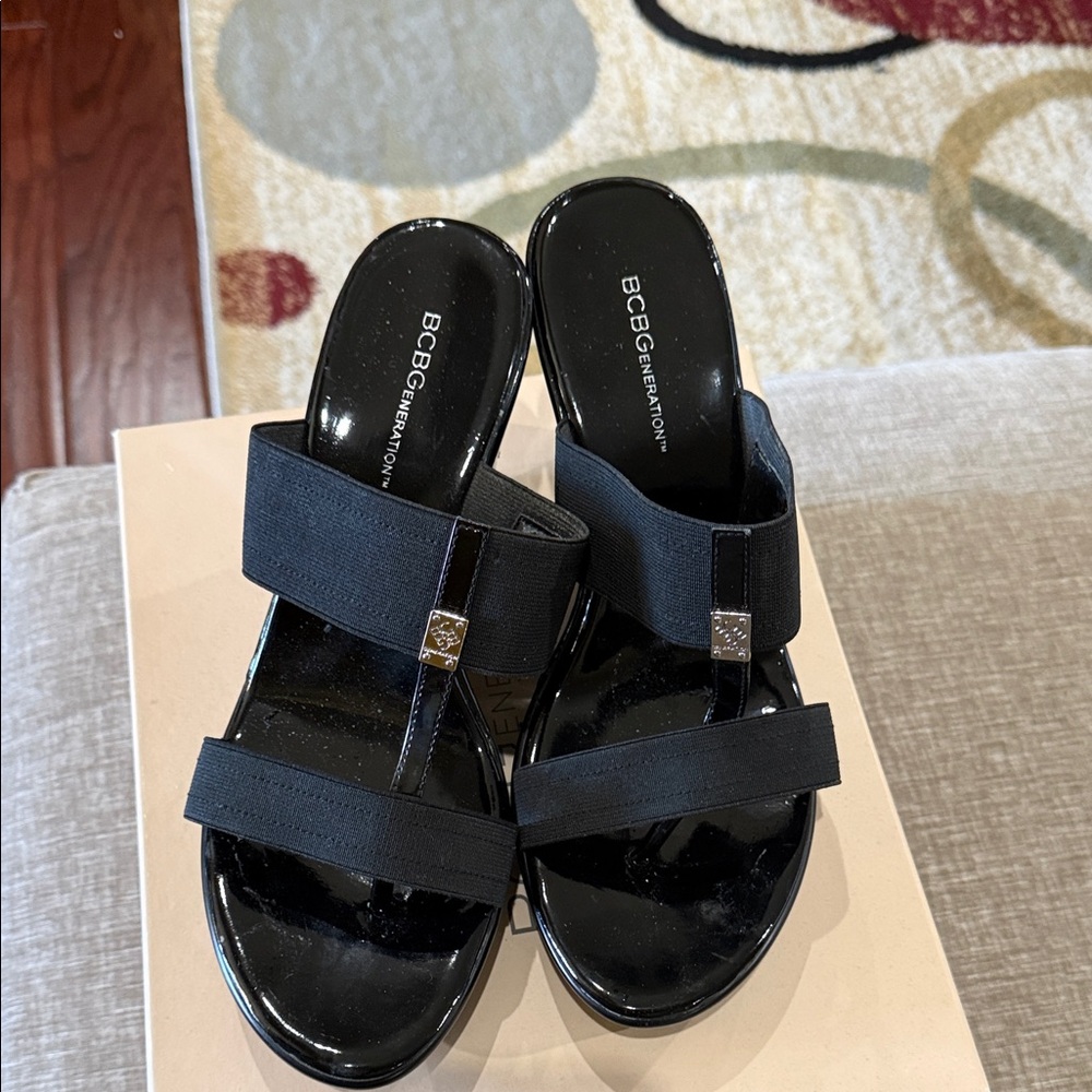 BCBGeneration Black Patent Elastic-Strap Slide Mules